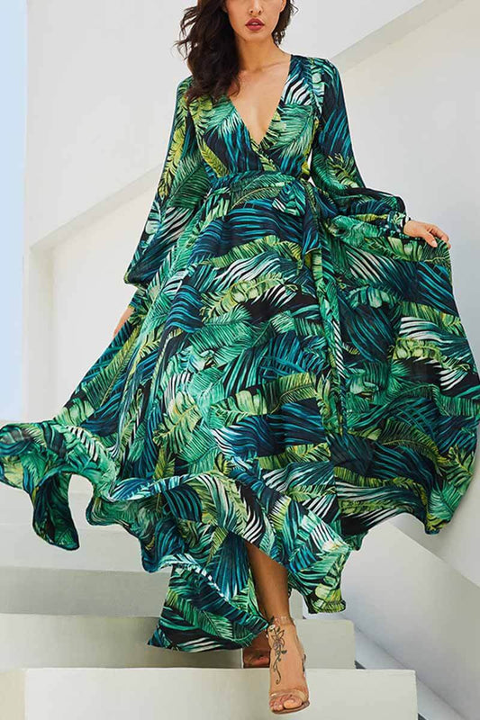 Florcoo V-Neck Leaf Print Maxi Dress