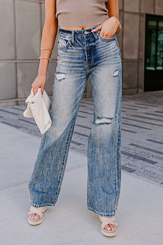 FashionFarrah - Blue High Waist Straight Leg Washed Jeans